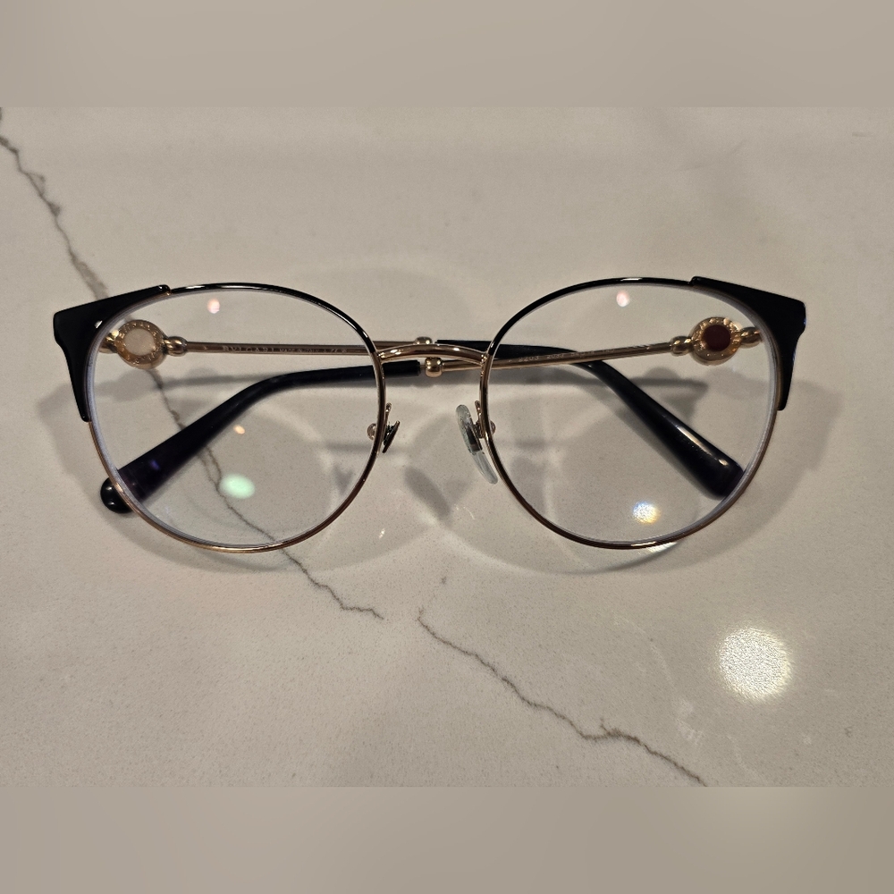 BVLGARI Black and Gold Round Metal Women's Eyeglasses